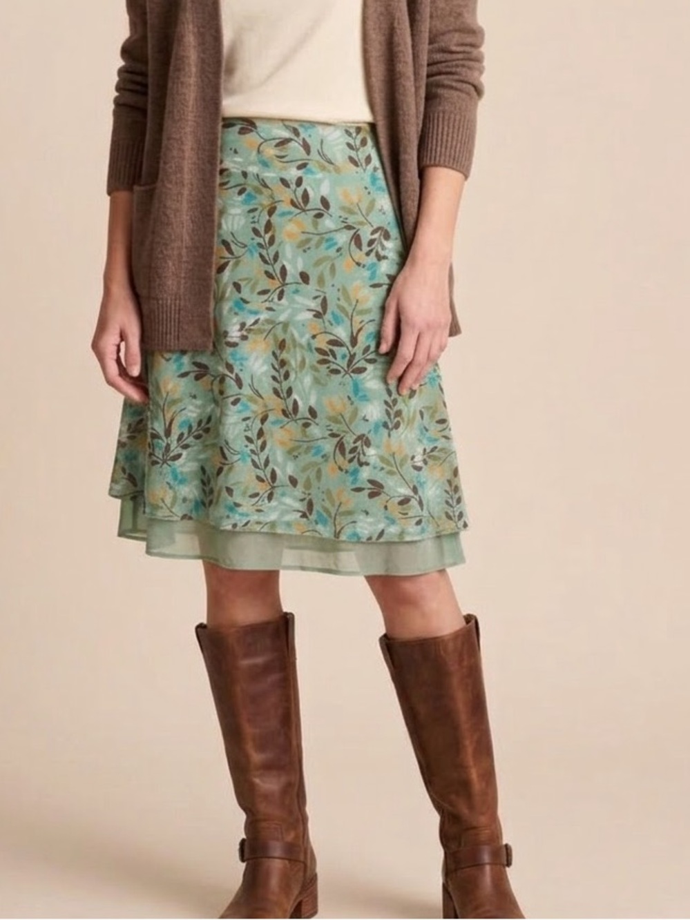 Vtg J Jill M Floral A-Line Layered Midi stretch Skirt in Mint Green